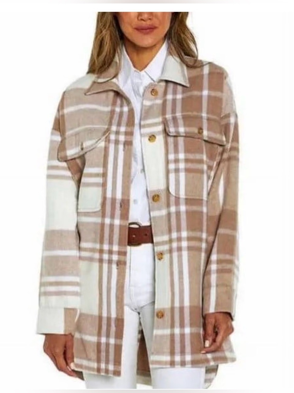 Banana Republic Beige and Cream Plaid Button-Front Oversized Shacket size Small
